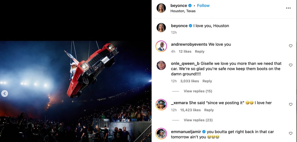 Beyoncé's flying car prop malfunctioned mid-performance at NRG Stadium, briefly leaving her dangling over the crowd. She quickly halted the show, ensuring everyone's safety before continuing.