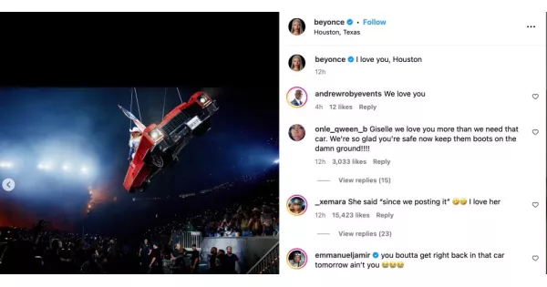 Beyoncé's flying car prop malfunctioned mid-performance at NRG Stadium, briefly leaving her dangling over the crowd. She quickly halted the show, ensuring everyone's safety before continuing. Beyoncé's flying car prop malfunctioned mid-performance at NRG Stadium, briefly leaving her dangling over the crowd. She quickly halted the show, ensuring everyone's safety before continuing.