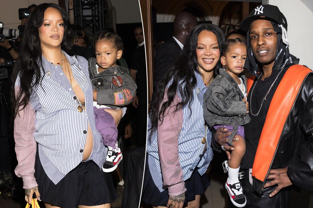 Pregnant Rihanna and son Riot attended A$AP Rocky's Paris Fashion Week show to show support.